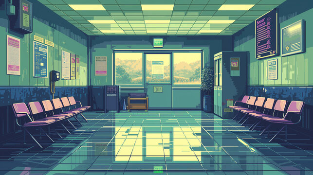 DMV office waiting room pixel art scene