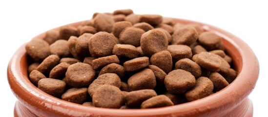 Closeup tasty dry dog food in a bowl isolated on a white background. AI generated image