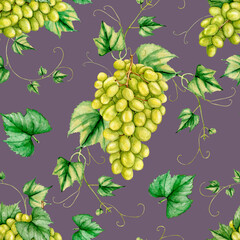 Watercolor white grape seamless pattern