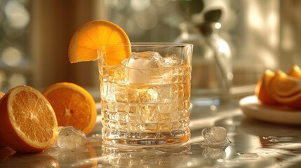  a close up of a glass of water with ice and orange slices on a table with a pitcher of water and a plate of oranges in the back ground.