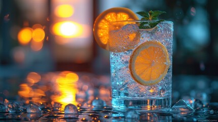  a close up of a glass of water with a slice of lemon on the rim of the glass and a slice of lime on the rim of the glass with water.