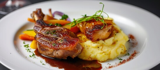 Delicious duck meat leg grilled steak with mashed potatoes on white plate. AI generated image