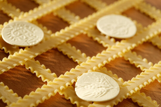 Uncooked italian durum wheat semolina pasta, mafalde and ligurian croxetti
