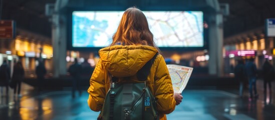 Woman traveler wearing yellow jacket holding map paper inside train station. AI generated image