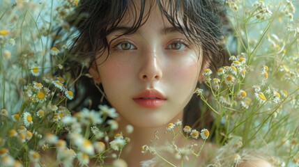  a close - up of a woman's face surrounded by wildflowers, with a soft focus on the face of the doll's head and body.