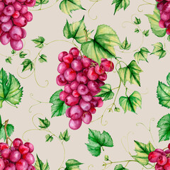 Watercolor rose grape seamless pattern