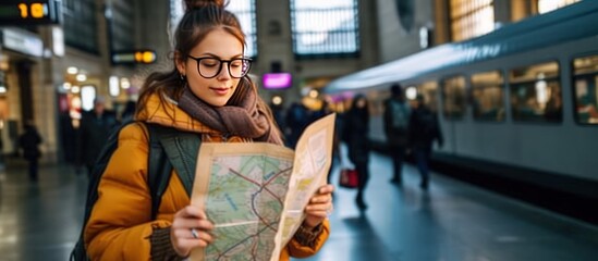 Woman traveler wearing yellow jacket holding map paper inside train station. AI generated image - obrazy, fototapety, plakaty