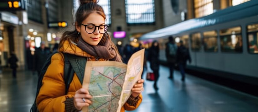 Woman traveler wearing yellow jacket holding map paper inside train station. AI generated image