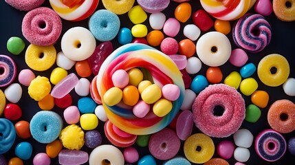 Fototapeta na wymiar Different colorful sugar candies, top view