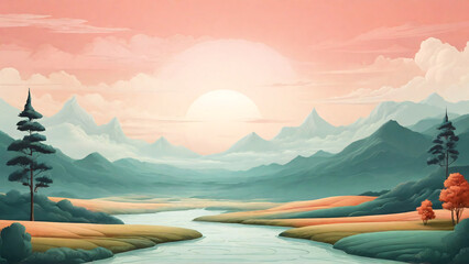 Fantasy landscape with river and mountains. - obrazy, fototapety, plakaty