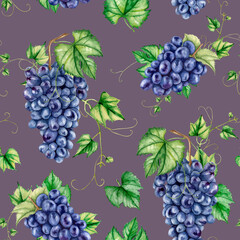 Watercolor black grape seamless pattern