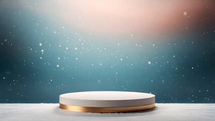 White podium on a blue background with falling snow. 3d rendering