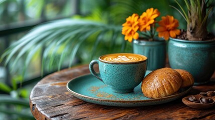  there is a cup of coffee and a croissant on a plate on a table with a potted plant and a pot of orange flowers in the background.