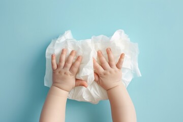Closeup point of view shot of baby hands touching a white diaper on a light blue table with pastel colors in the background