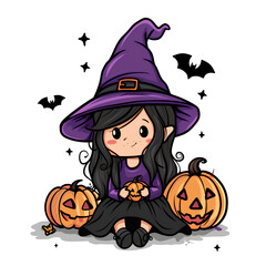 Fototapeta premium Witch holding a pumpkin in a Halloween-themed cartoon illustration with a touch of magic and autumn vibes, featuring a stylish black-haired lady in a dark dress and hat.