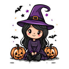 Witch holding a pumpkin in a Halloween-themed cartoon illustration with a touch of magic and autumn vibes, featuring a stylish black-haired lady in a dark dress and hat.