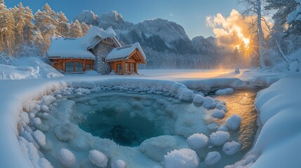  a hot tub in the middle of a snow covered field with a log cabin in the background and a stream running through the center of the pool in the middle of the snow.