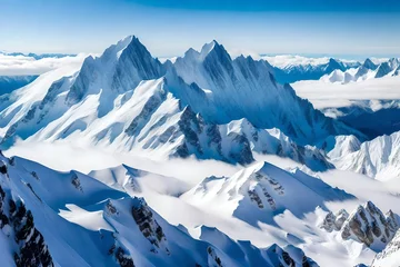 Photo sur Plexiglas Himalaya A majestic view of snow-covered mountain peaks rising above the clouds. The stark contrast between the white snow, blue sky, and rugged terrain creates a striking backdrop