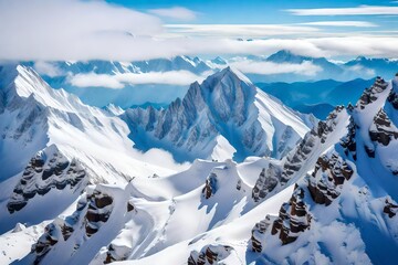 A majestic view of snow-covered mountain peaks rising above the clouds. The stark contrast between the white snow, blue sky, and rugged terrain creates a striking backdrop - obrazy, fototapety, plakaty