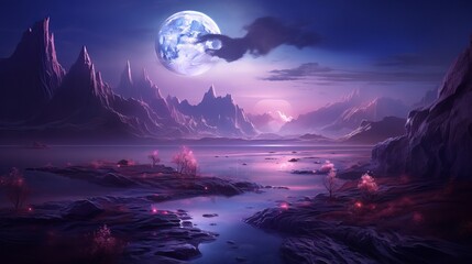 Dreamlike and surrealistic landscape in purplish tones