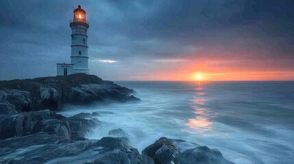  a light house sitting on top of a cliff next to a body of water with the sun setting in the sky...