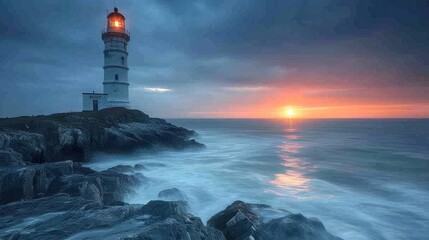  a light house sitting on top of a cliff next to a body of water with the sun setting in the sky over the ocean and a rocky shore with rocks in the foreground.