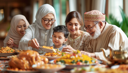 Family with elderly grandparents, grandchild and friends coming together to celebrate Eid al-Fitr
