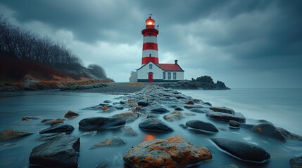  a red and white light house sitting on top of a rocky shore next to a body of water with a red and white light house in the middle of it. - Powered by Adobe
