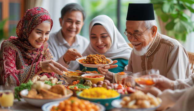 Family with elderly grandparents, grandchild and friends coming together to celebrate Eid al-Fitr - Powered by Adobe