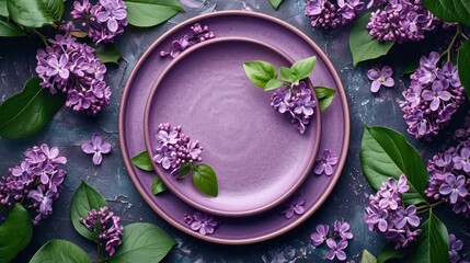 Obraz na płótnie Canvas a purple plate with green leaves and purple flowers on a gray surface with green leaves and purple flowers on the edge of the plate and on the edge of the plate.
