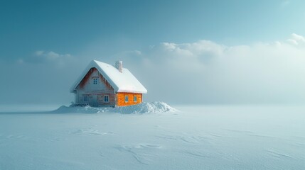  a small house sitting on top of a pile of snow in the middle of a field covered in snow with a blue sky in the background and a few clouds.