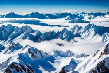 Papier Peint photo autocollant Himalaya A majestic view of snow-covered mountain peaks rising above the clouds. The stark contrast between the white snow, blue sky, and rugged terrain creates a striking backdrop