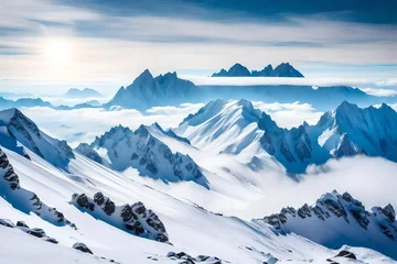 Photo sur Plexiglas Himalaya A majestic view of snow-covered mountain peaks rising above the clouds. The stark contrast between the white snow, blue sky, and rugged terrain creates a striking backdrop