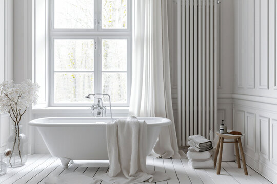 An all white bathroom with freestanding bathtub in a bright room with natural light from a window, and wooden flooring. ideal for interior design and relaxation themes.