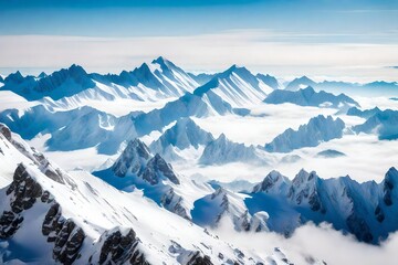 Fototapeta na wymiar A majestic view of snow-covered mountain peaks rising above the clouds. The stark contrast between the white snow, blue sky, and rugged terrain creates a striking backdrop