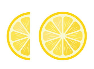 Fresh yellow round and half slices of lemon fruit. Organic fruit lemon pieces for lemonade juice or vitamin C healthy food. Vector icon illustration isolated on white background.