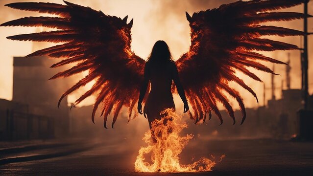silhouette of a fire Fire Wings of demon or angel 