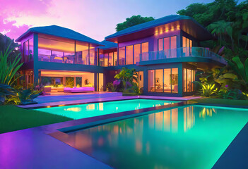 Luxurious tropical villa with swimming pool and exquisite architecture in a lush green garden, evening lighting of the relaxation area,