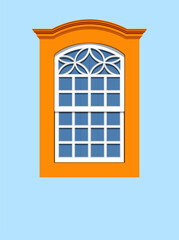 Paraty, Brazil. Orange, blue and white colored window of house from the colonial period in the historic center. EPS vector realistic illustration.