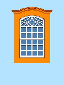 Paraty, Brazil. Orange, blue and white colored window of house from the colonial period in the historic center. EPS vector realistic illustration.