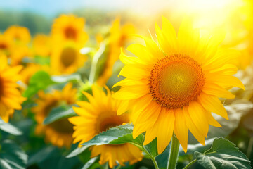 Generate a cheerful and uplifting painting of a field of sunflowers, with their bright yellow petals shining under the warm sun