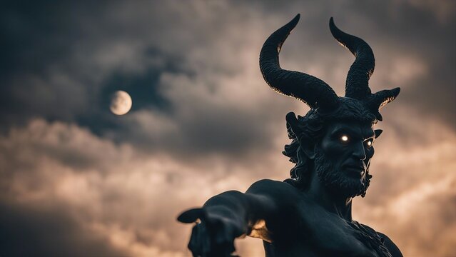 Night demon   close up on frightening statue, with moon emerging from clouds  