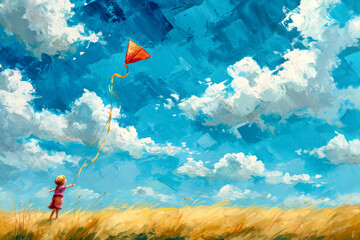 Generate a joyful and uplifting painting of a child flying a kite on a breezy summer day, with a backdrop of vibrant blue skies - obrazy, fototapety, plakaty