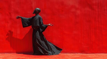  a statue of a person standing in front of a red wall with a black robe on it's head and arms outstretched in front of a red wall with a red background.