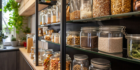 Shelves filled with various dry food items in clear jars line the kitchen wall, showcasing an...