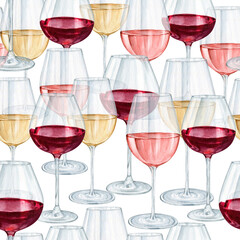 Watercolor wineglasses seamless pattern