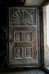 Old medieval wooden carved gates at the Biertan fortified saxon church, Unesco World Heritage site, in Biertan village, Transylvania, Romania, Europe.