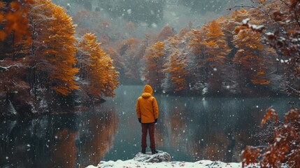  a person in a yellow jacket stands on a rock in front of a lake surrounded by trees with yellow leaves on it and snowing on the ground and the ground. - Powered by Adobe