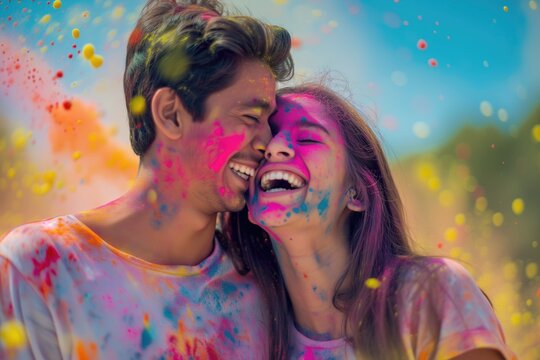 Happy Indian couple in Holi festival colors powder