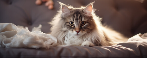 A cat sitting on the couch on a warm blanket. Generated by artificial intelligence.